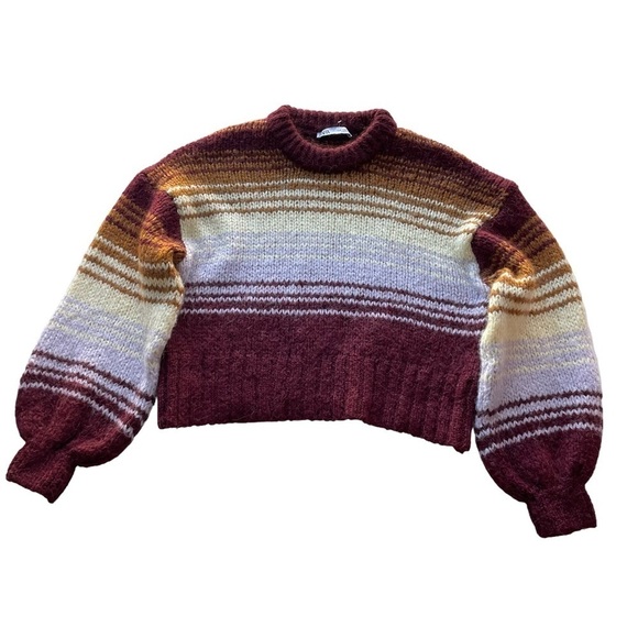 ZARA Wool Alpaca Chunky Knit Pullover Striped Sweater Burgundy Size Medium NWOT - Picture 9 of 11